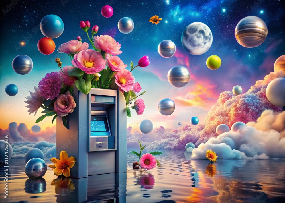 Poster a surreal exploration of an atm machine surrounded by dreamlike landscapes and imaginative elements 