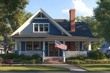 Blue craftsman style house American flag white trim front porch green lawn residential neighborhood