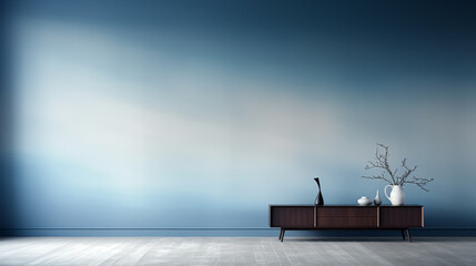 Universal minimalistic blue background for presentation. A light blue wall in the interior with beautiful built-in lighting and a smooth floor.