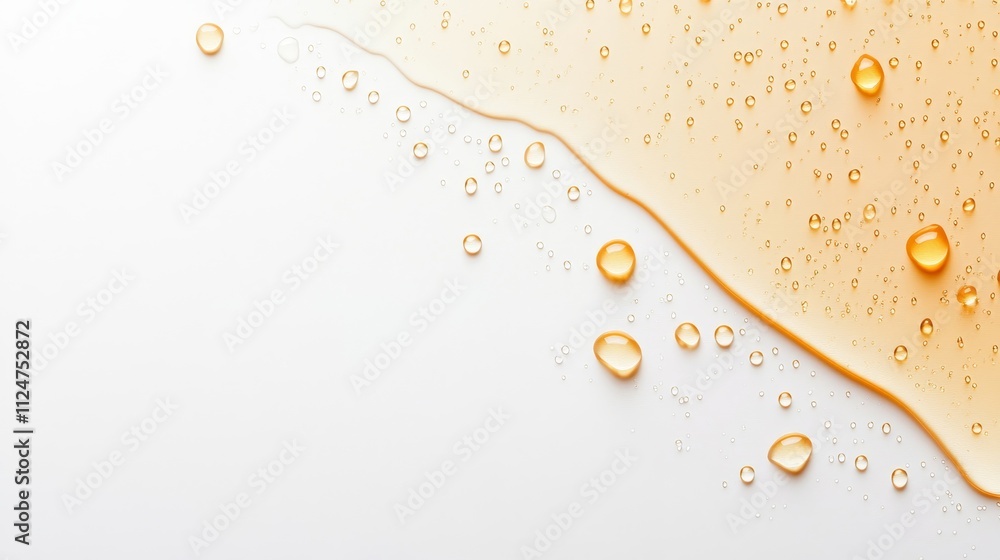 Poster close-up of golden liquid with droplets on light background, capturing texture and reflections for c