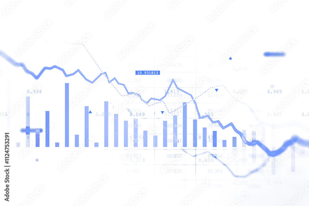 Aufkleber Blue financial data chart with bar and line graphs on a white background. Minimalist clean style, isolated, representing analysis concepts. 3D Rendering.