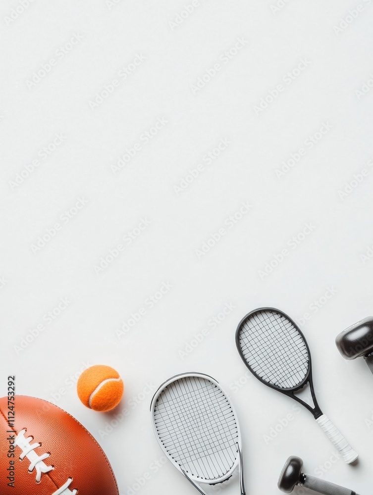 Aufkleber a collection of sports equipment including a football, tennis racket, and dumbbell arranged neatly w