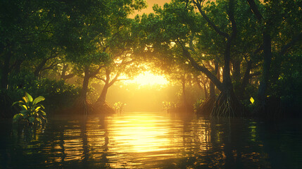 A Serene and Tranquil Mangrove Swamp Scene at Sunset Reflecting the Richness of Nature