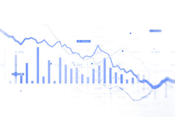Blue financial data chart with bar and line graphs on a white background. Minimalist clean style, isolated, representing analysis concepts. 3D Rendering.