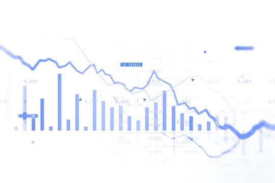 Blue financial data chart with bar and line graphs on a white background. Minimalist clean style, isolated, representing analysis concepts. 3D Rendering.