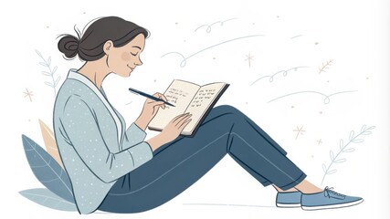 Obraz premium Woman Writing in a Journal in a Serene Setting During a Calm Afternoon. Generative AI