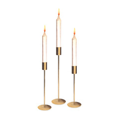 Candles in golden minimalist candlesticks. Watercolor isolated illustration. Stylish candelabra with burning candles. Interior decor items, wedding table, cozy home