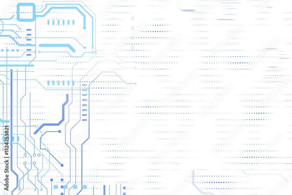 Fototapete stylized blue circuit lines and dots on a clean white background, representing virtual technology an