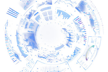 Circular infographic with charts, graphs, and global data in blue and white tones on a clean white background. Concept of virtual analytics. 3D Rendering.