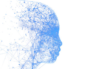 Digital human head outline formed by blue lines and nodes, isolated on a white background. Concept of technology, AI, and virtual data. 3D Rendering.