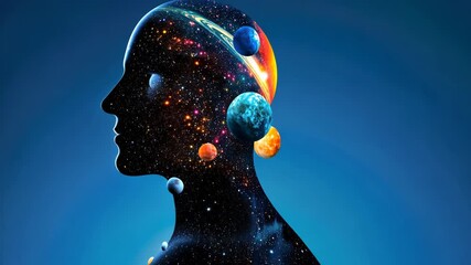 Silhouette transforming showing planets orbiting in outer space - Powered by Adobe