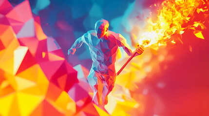 Obraz premium Abstract Olympic Torch for Los Angeles 2028 – Geometric Design in City Colors, Symbolizing Energy, Modernity, and the Spirit of the Olympic Games in a Futuristic Artistic Style