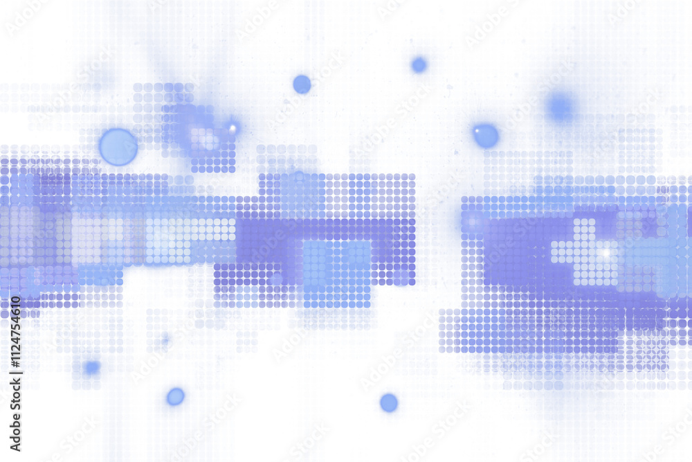 Fototapete Abstract blue digital pixelated pattern with glowing dots, clean style, on white background. Concept of technology and virtual graphics. 3D Rendering.
