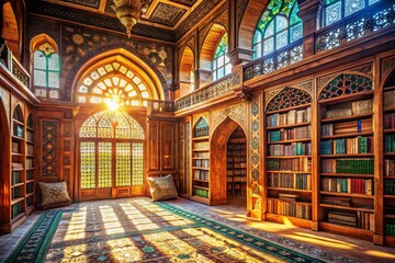 Obraz premium A Tranquil Glimpse into History: The Interior of an Ancient Islamic Library Illuminated by Warm Sunlight, Showcasing Architectural Beauty and Cultural Heritage
