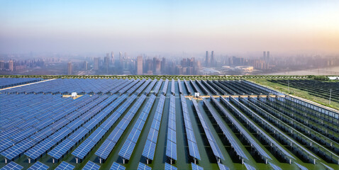 Expansive Solar Panel Field Overlooking a Modern City at Sunrise