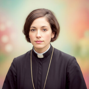 Portrait of female clergyperson/young priest with peaceful expression against pastel background