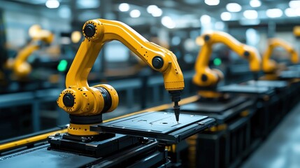 Fototapeta premium Automated Industrial Assembly Line: Yellow Robotic Arms at Work