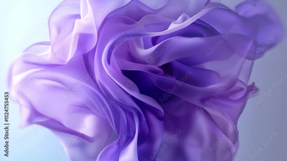 Poster abstract 3d animation with smooth, undulating shapes of flying translucent fabric in shades of purpl