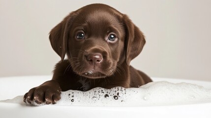 A lively Labrador Retriever puppy surrounded by foam and bubbles in a white bathtub, set in a clean studio environment.