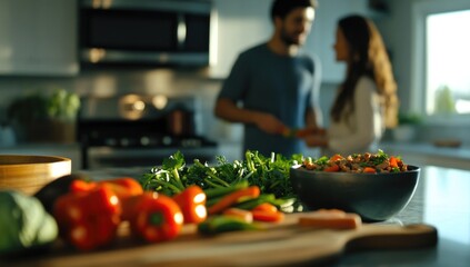 Happy couple standing in kitchen at home preparing together yummy dinner on first dating, spouses chatting enjoy warm conversation and cooking process, caring for health, eating fresh salad