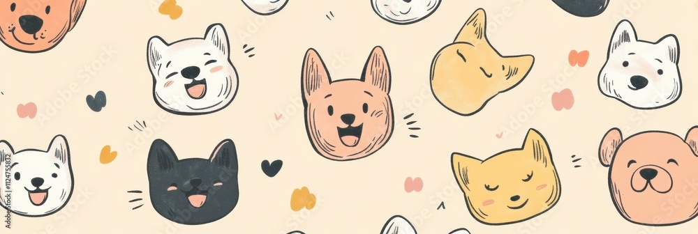 Aufkleber A cheerful doodle-style design displays various dog faces with joyful expressions, offering space for personalized text or branding. Generative AI