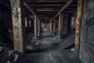 Exploring the depths of an abandoned coal mine a journey through old wooden beams and dark corridors capturing industrial ruins in an eerie environment