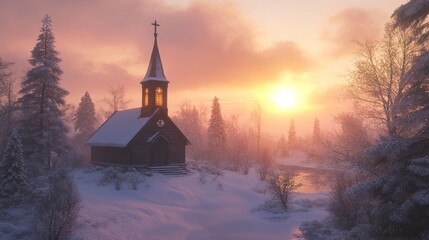 Fototapeta premium A church surrounded by Christmas trees in the winter season