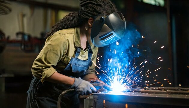 operaio che salda su un banco d'officina. Immagine realistica e dettagliata