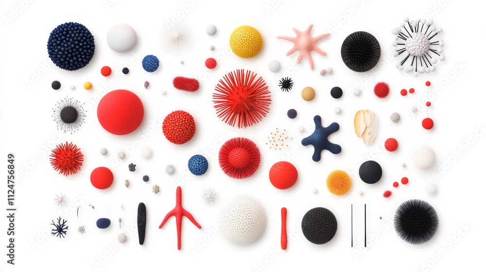 Poster colorful and vibrant abstract composition of various shapes and forms on a clean white surface, perf