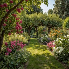 Obraz premium The image of the beautiful garden filled with flowers, and fruit trees!