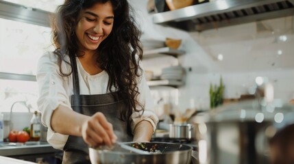 A young woman with long dark hair is cooking in a professional kitchen wearing a white shirt and a gray apron with a stainless steel pot in front Of her.