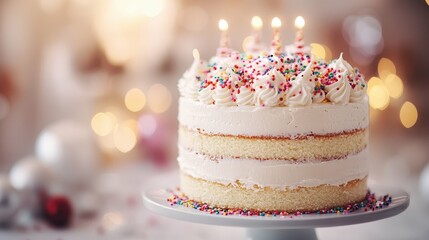 close-up of a tall layer cake decorated with festive sprinkles blurred elegant background soft light