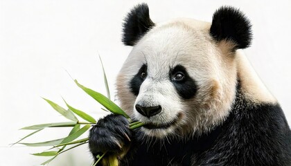 Fototapeta premium Peaceful Panda Feasting: A close-up portrait of a serene panda bear indulging in a delightful meal of fresh bamboo shoots, showcasing the animal's gentle nature and captivating charm. 