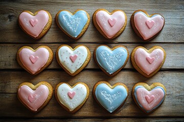 Fototapeta premium flat-lay arrangement of heart-shaped cookies decorated with icing on wooden surface natural light creating copy space
