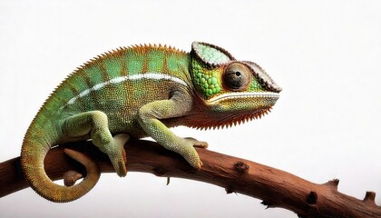 Obraz premium Veiled Chameleon on Branch: A vibrant veiled chameleon perches gracefully on a branch, showcasing its intricate scales and captivating eye.