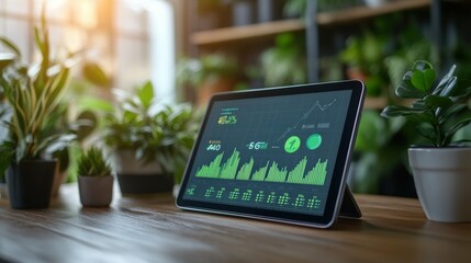 Tablet screen displaying business growth charts and eco-friendly goals bright professional office lighting futuristic corporate theme