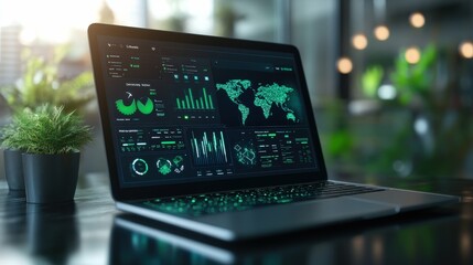 Laptop screen displaying energy-saving solutions with a sleek professional interface dark background modern green technology theme