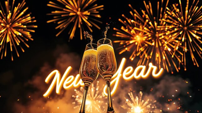 New Year's Eve Celebration: Champagne toasts and dazzling fireworks illuminate the night sky, creating a vibrant and festive atmosphere for a new year.  