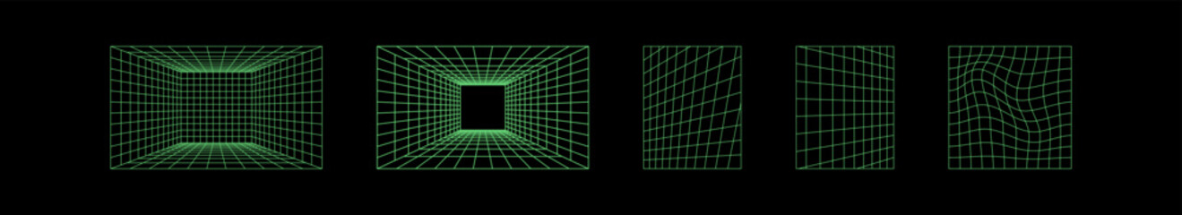 Abstract green wireframe grid patterns forming rectangular and warped 3D shapes on a black background, showcasing futuristic design. Isolated vector