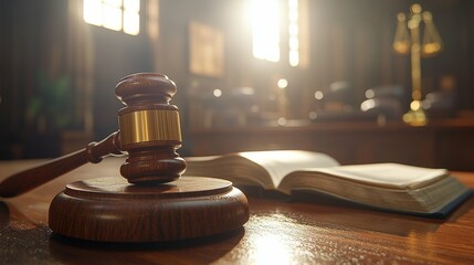 wooden judge's gavel with open legal books on a desk courtroom blurred background warm studio lighting