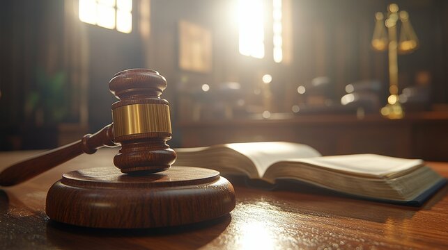 wooden judge's gavel with open legal books on a desk courtroom blurred background warm studio lighting