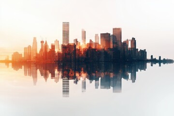 Obraz premium A serene city skyline reflecting on water, bathed in warm hues, showcasing modern architecture and a tranquil atmosphere.