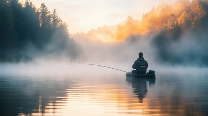 A man fishing alone on a tranquil lake at sunrise with a calm expression surrounded by misty water and distant mountains