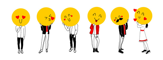 Young people holding large faces emoji instead of heads. Big round colorful heads with different facial expressions. Man showing like and love. Heart love Valentine's day emoji set. .