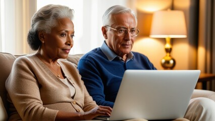 Fototapeta premium Interracial senior couple working on a laptop in a cozy living room with warm sunlight
