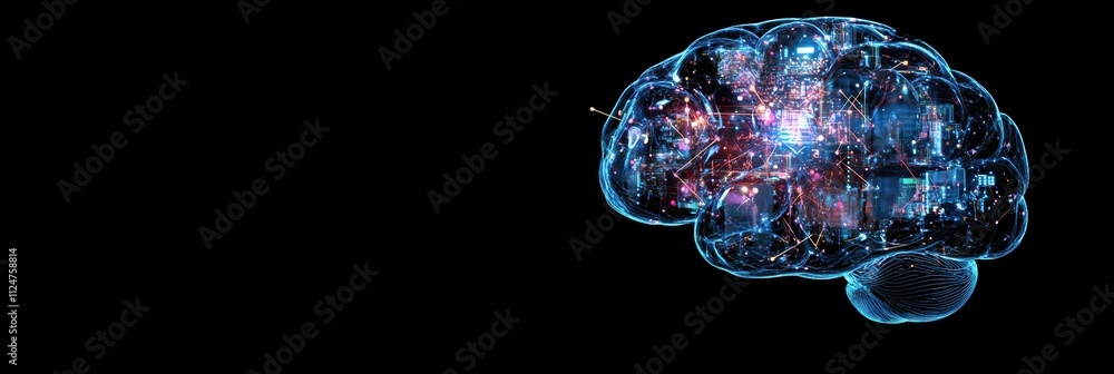 Leinwandbilder merging of a digital brain structure with ai circuits, chips, and holographic elements, emphasizing 