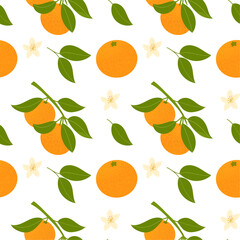 Seamless pattern with tangerines, flowers and leaves. Background with hand drawn orange, mandarin. Citrus tropical fruits. Vector pattern, flat style.