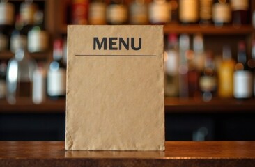 Mock up menu frame standing on wood counter in Bar restaurant cafe. space for text.
