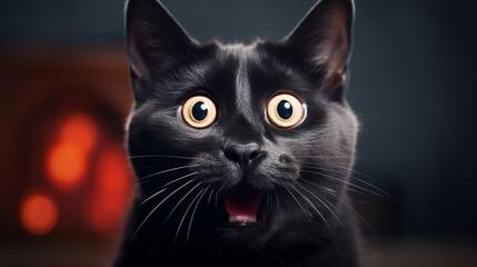 Young crazy surprised cat make big eyes closeup. Young cat looking surprised and scared. Emotional surprised wide big eye kitten at home