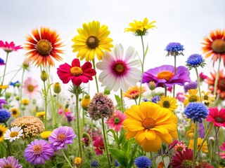 Fototapeta premium A Vibrant Array of Colorful Wildflowers Blooming Beautifully on a Clean and Serene White Background, Perfect for Nature Lovers and Floral Enthusiasts in Search of Colorful Imagery